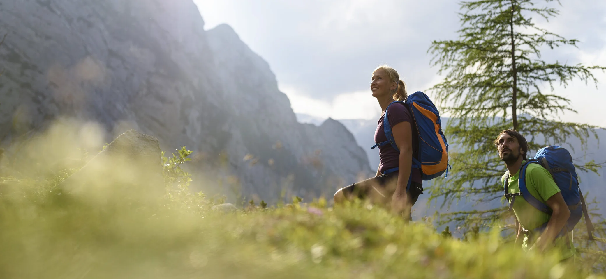 Wanderer im Frühling auf einer feuchten Bergwiese | © DAV/Wolfgang Ehn